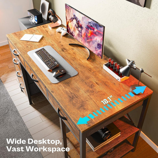 Computer Desk with 6 Drawers, 54 Inch Office Desk with Shelves, Reversible Gaming Desk, Corner Desk with Storage, Work for Home Office, Study, Living Room, Rustic Brown-3