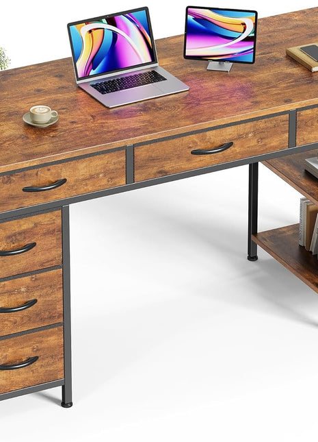 Computer Desk with 6 Drawers, 54 Inch Office Desk with Shelves, Reversible Gaming Desk, Corner Desk with Storage, Work for Home Office, Study, Living Room, Rustic Brown-0