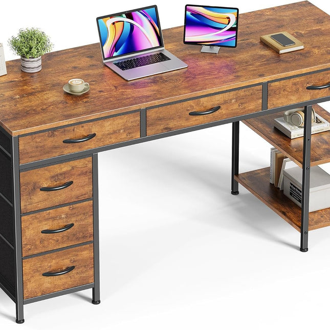 Computer Desk with 6 Drawers, 54 Inch Office Desk with Shelves, Reversible Gaming Desk, Corner Desk with Storage, Work for Home Office, Study, Living Room, Rustic Brown-0