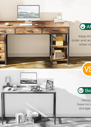 Computer Desk with 6 Drawers, 54 Inch Office Desk with Shelves, Reversible Gaming Desk, Corner Desk with Storage, Work for Home Office, Study, Living Room, Rustic Brown-4