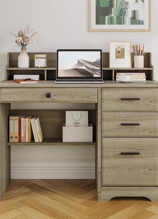 Computer Desk with Drawers, Farmhouse Home Office Desk with Monitor Stand and File Drawer, Wood Simple PC Desk with Storage, Writing Desk for Bedroom, Grey-0