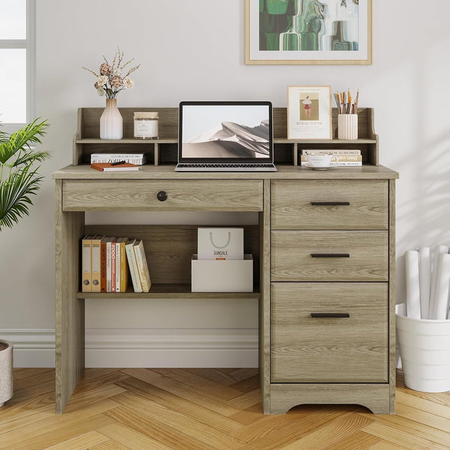 Computer Desk with Drawers, Farmhouse Home Office Desk with Monitor Stand and File Drawer, Wood Simple PC Desk with Storage, Writing Desk for Bedroom, Grey-0