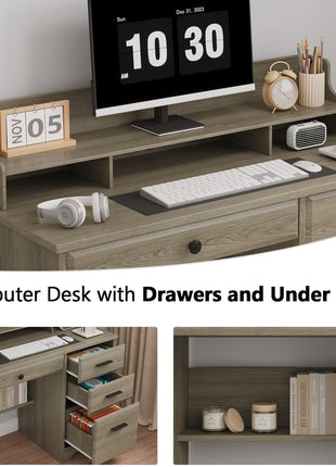 Computer Desk with Drawers, Farmhouse Home Office Desk with Monitor Stand and File Drawer, Wood Simple PC Desk with Storage, Writing Desk for Bedroom, Grey-3