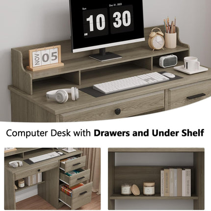 Computer Desk with Drawers, Farmhouse Home Office Desk with Monitor Stand and File Drawer, Wood Simple PC Desk with Storage, Writing Desk for Bedroom, Grey-3