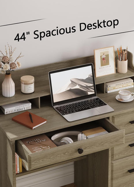 Computer Desk with Drawers, Farmhouse Home Office Desk with Monitor Stand and File Drawer, Wood Simple PC Desk with Storage, Writing Desk for Bedroom, Grey-2