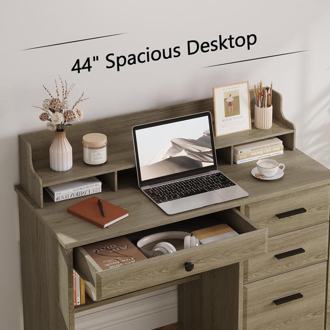 Computer Desk with Drawers, Farmhouse Home Office Desk with Monitor Stand and File Drawer, Wood Simple PC Desk with Storage, Writing Desk for Bedroom, Grey-2