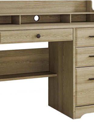 Computer Desk with Drawers, Farmhouse Home Office Desk with Monitor Stand and File Drawer, Wood Simple PC Desk with Storage, Writing Desk for Bedroom, Grey-4
