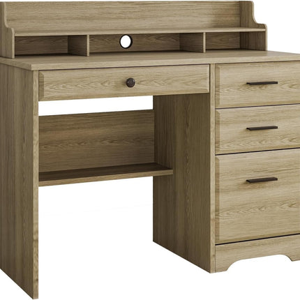 Computer Desk with Drawers, Farmhouse Home Office Desk with Monitor Stand and File Drawer, Wood Simple PC Desk with Storage, Writing Desk for Bedroom, Grey-4