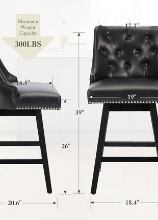 Counter Height Bar Stools Set of 4, 26" Swivel Bar Stools with Backs and Solid Wood Legs, Mid Century Morden Faux Leather Upholstered Barstools for Kitchen Island, Home Bar, Black-1
