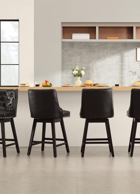 Counter Height Bar Stools Set of 4, 26" Swivel Bar Stools with Backs and Solid Wood Legs, Mid Century Morden Faux Leather Upholstered Barstools for Kitchen Island, Home Bar, Black-0