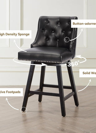 Counter Height Bar Stools Set of 4, 26" Swivel Bar Stools with Backs and Solid Wood Legs, Mid Century Morden Faux Leather Upholstered Barstools for Kitchen Island, Home Bar, Black-2