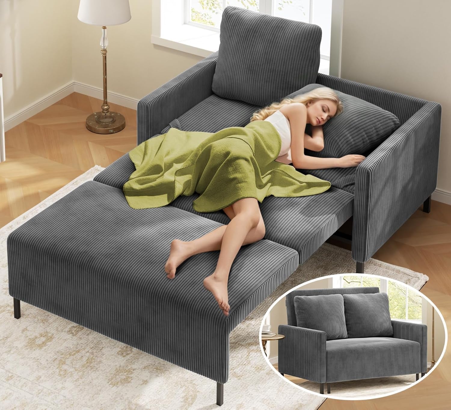 Cozy Corduroy Convertible Sofa Bed With Fluffy Pillows-0