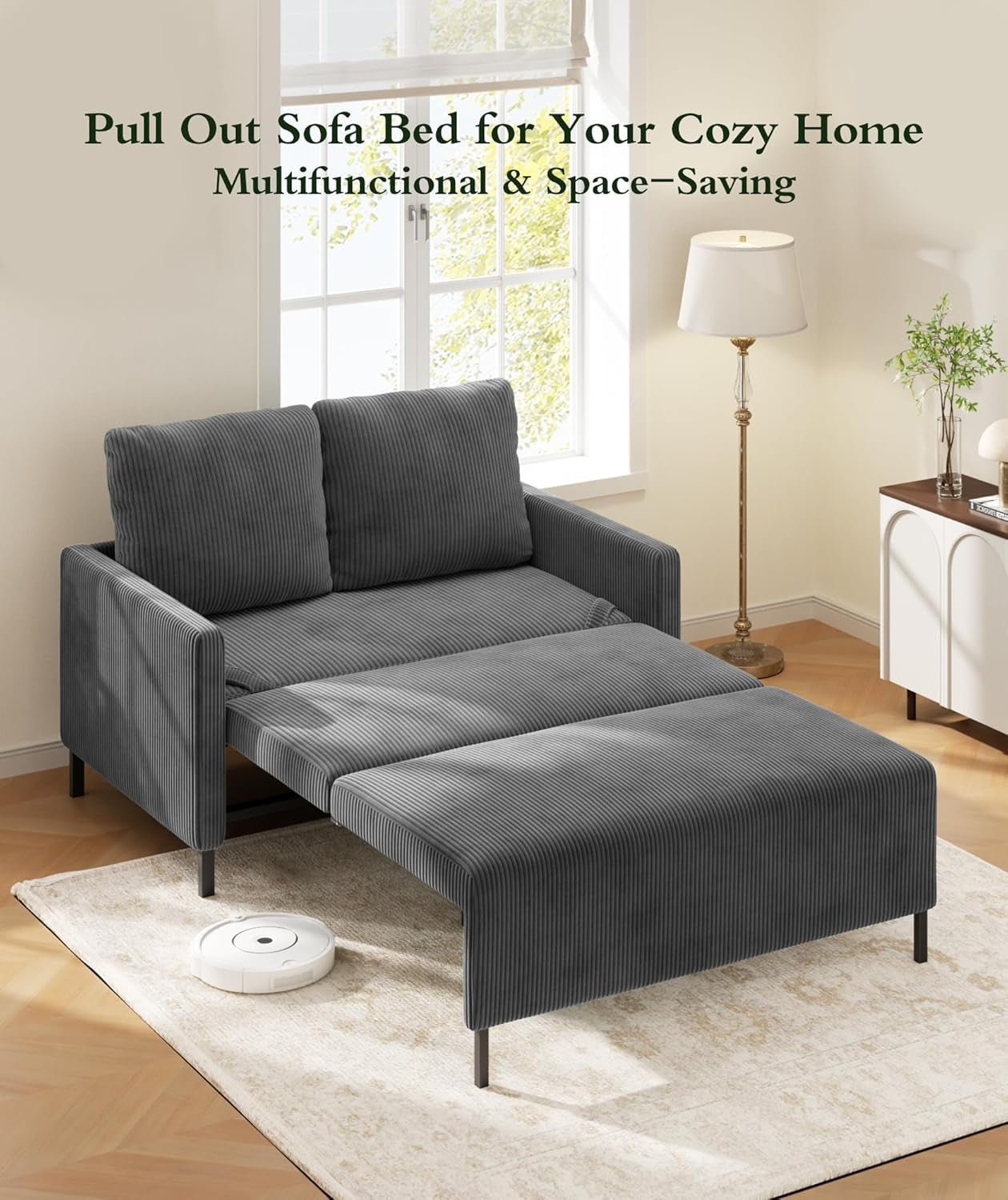 Cozy Corduroy Convertible Sofa Bed With Fluffy Pillows-3