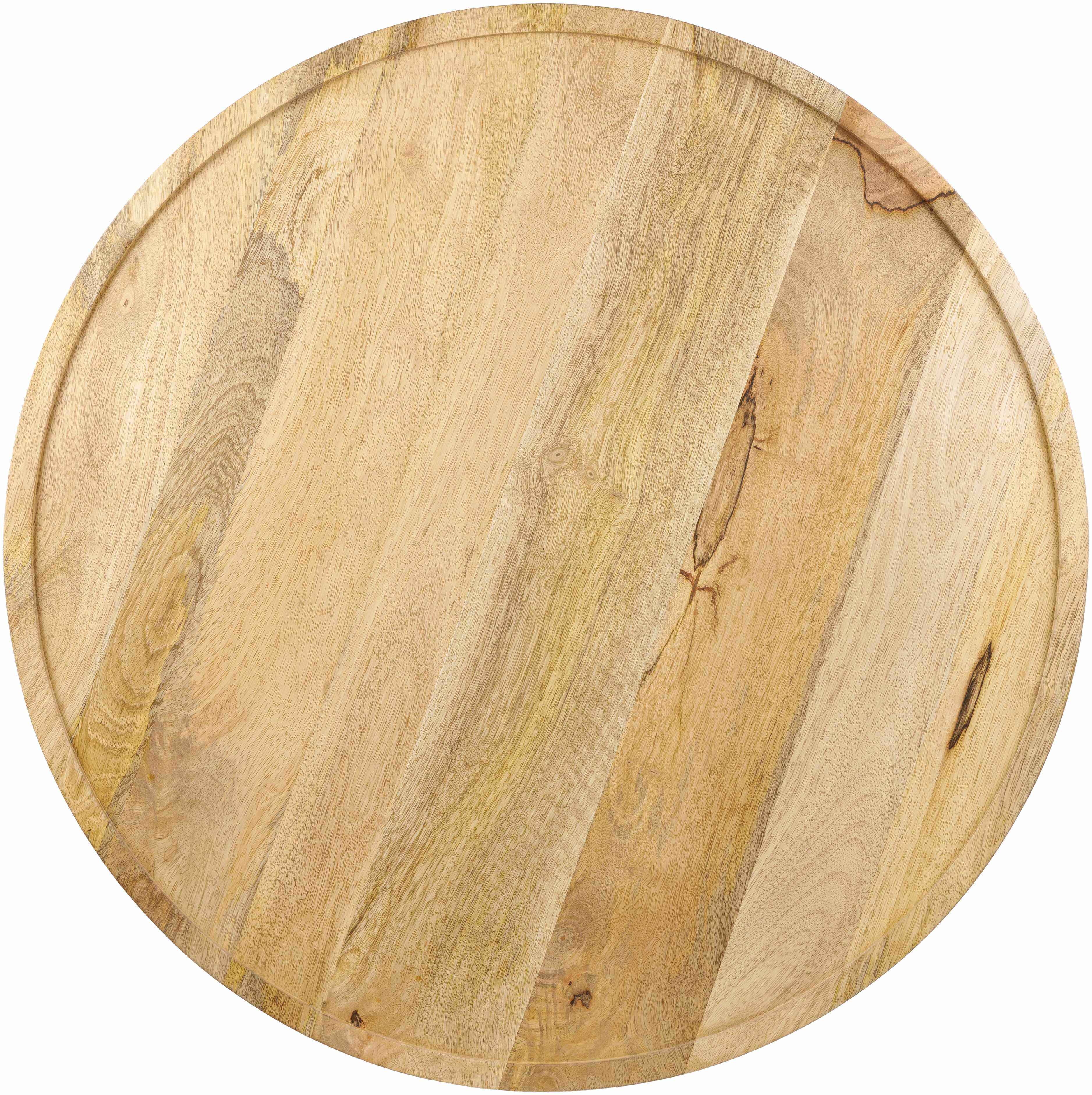 Round wooden cutting board on a white background