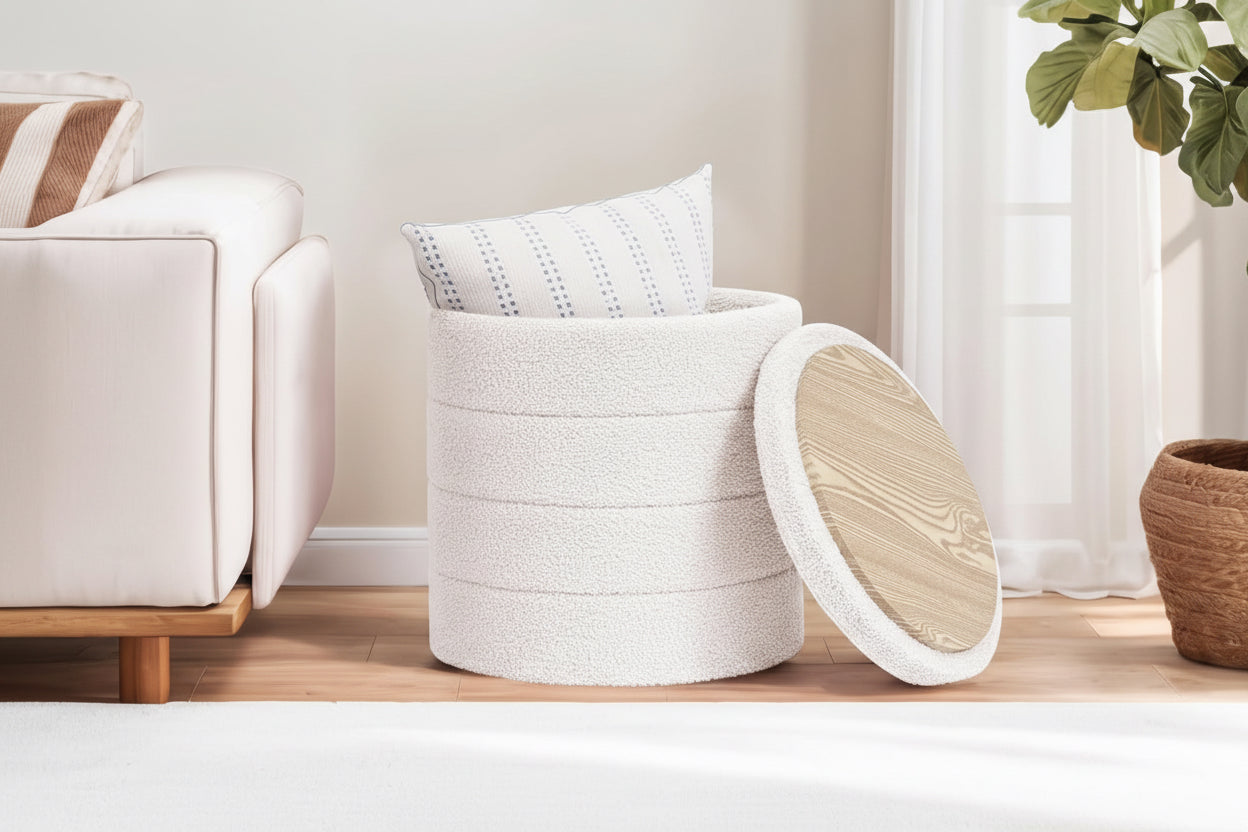 White woven basket with lid on a wooden floor, surrounded by household items, with text 'Easy to assemble and fold'.