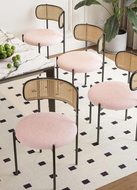 Kitchen Chairs Set of 4, Mid-Century Modern Dining Chairs,Kitchen Dining Room Chairs, Rattan Backrest round Upholstered Sherpa Dining Chairs,Pink-0