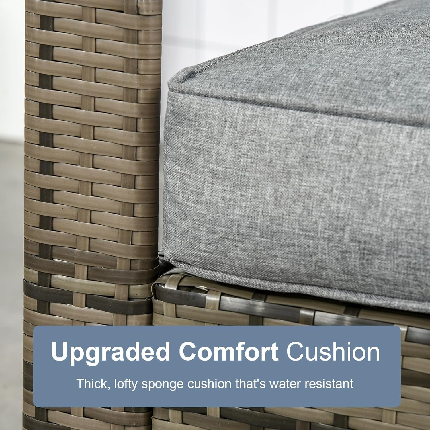 Gray cushion on a wicker chair with text about an upgraded comfort cushion.