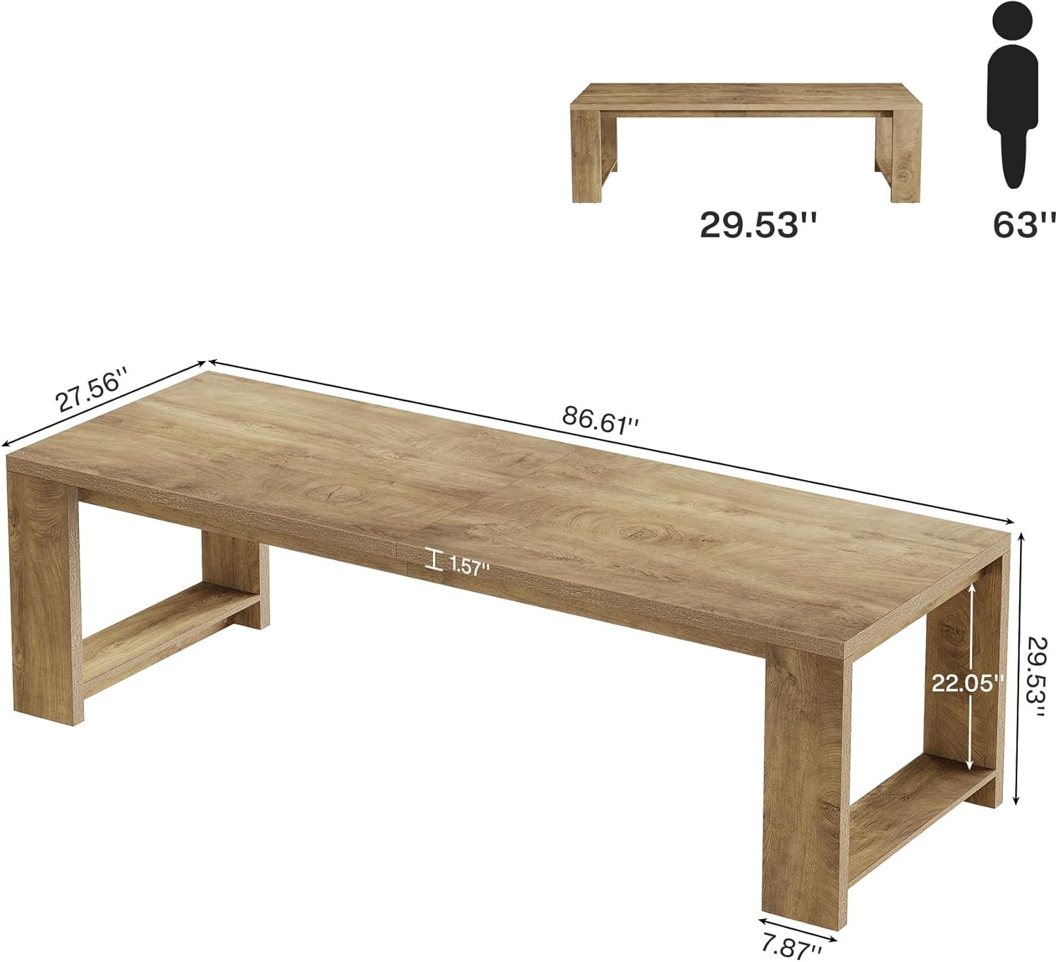 Wooden bench with dimensions labeled on a white background