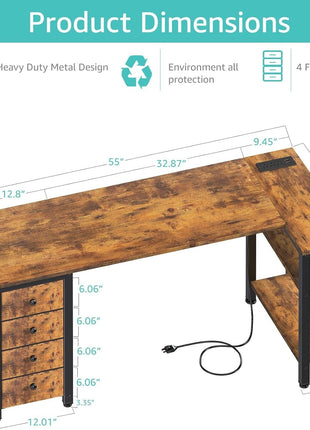 L Shaped Computer Desk with Drawers & Storage Shelves, 55 Inch Corner Desk with Power Outlet for Home Office Bedroom, L-Shaped Teen PC Gaming Desks with Fabric Drawer, Rustic Brown-2