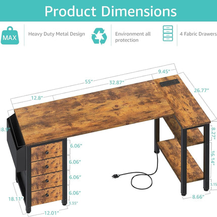 L Shaped Computer Desk with Drawers & Storage Shelves, 55 Inch Corner Desk with Power Outlet for Home Office Bedroom, L-Shaped Teen PC Gaming Desks with Fabric Drawer, Rustic Brown-2