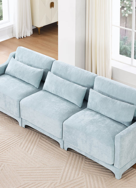 Elegant Sky Blue Three-Seater Sofa with Lumbar Pillow, Chenille Upholstery, Ergonomic Design, Wooden Base-1