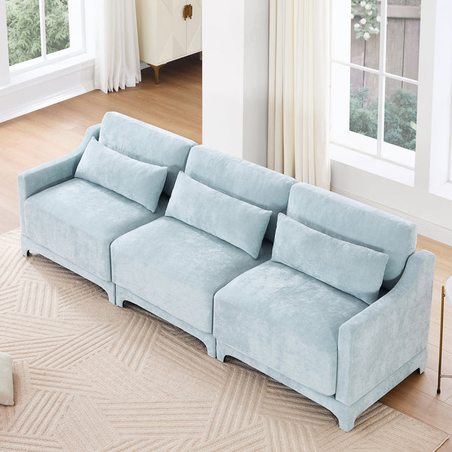 Elegant Sky Blue Three-Seater Sofa with Lumbar Pillow, Chenille Upholstery, Ergonomic Design, Wooden Base-1