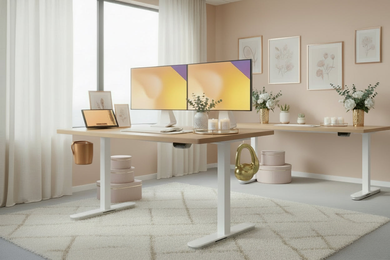 Modern desk setup with dual monitors, keyboard, and tablet in a warm-toned room.