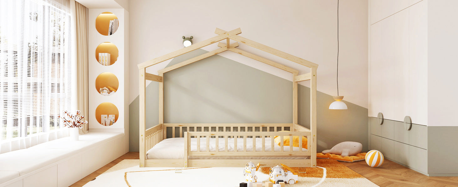 Wood Bed House Bed Frame with Fence, for Kids, Teens, Girls, Boys