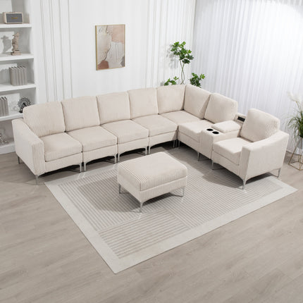 Convertible Sectional Corduroy  Sofa with Storage Ottoman,Cupholders, USB Ports for Living Room Apartment,Beige
