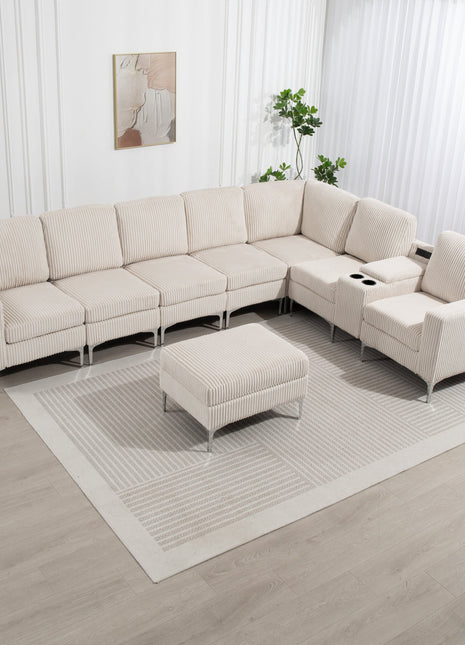 Convertible Sectional Corduroy  Sofa with Storage Ottoman,Cupholders, USB Ports for Living Room Apartment,Beige