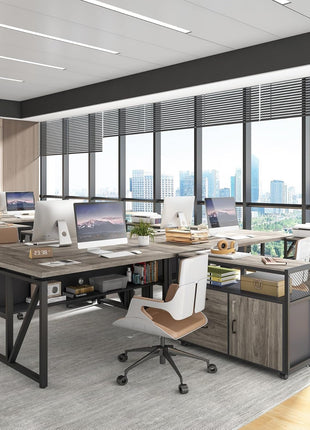 L Shaped Desk with Drawer Cabinet, 63" Executive Computer Desk and Lateral File Cabinet, 2 Piece Home Office Furniture with Drawers for Hanging File, Doors with Locks (Gray, 63 Inches)-4