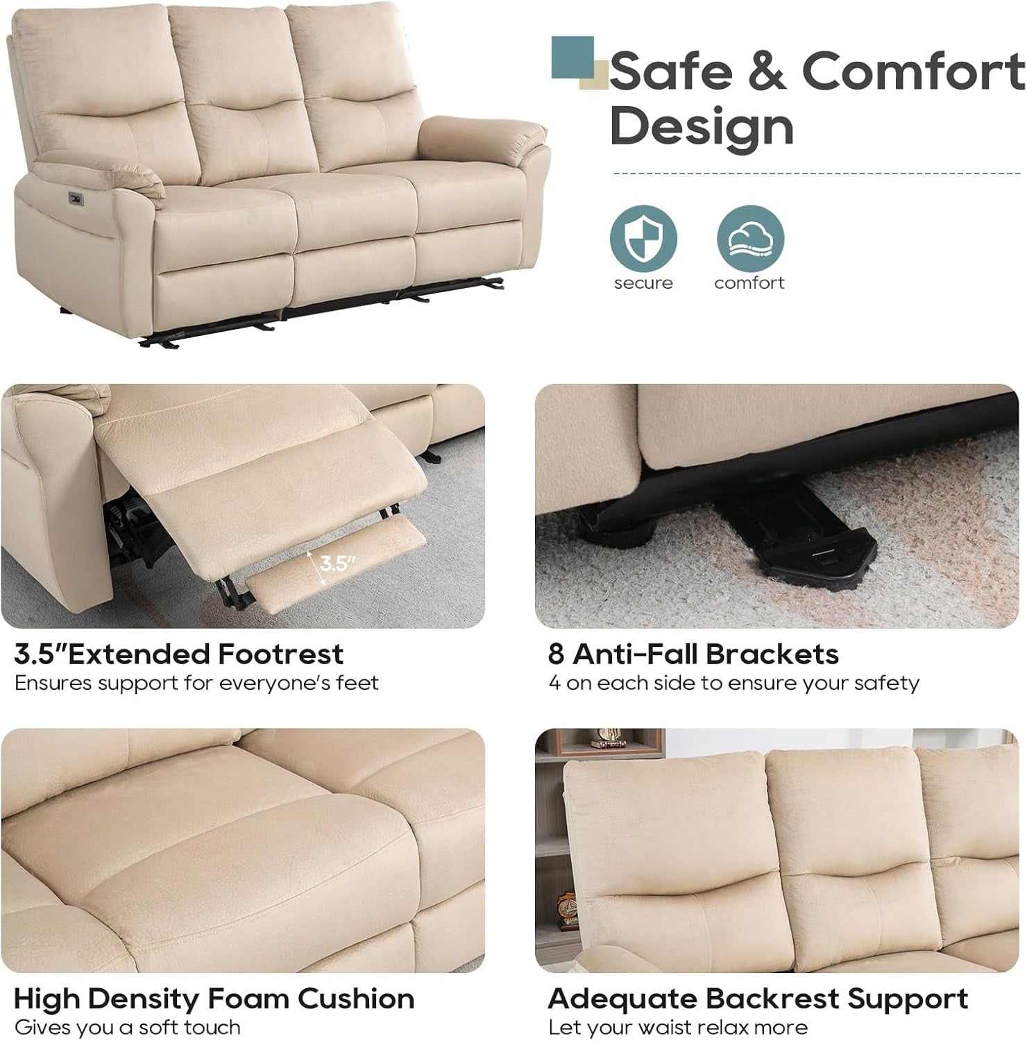 Beige recliner sofa with safety features highlighted on a white background