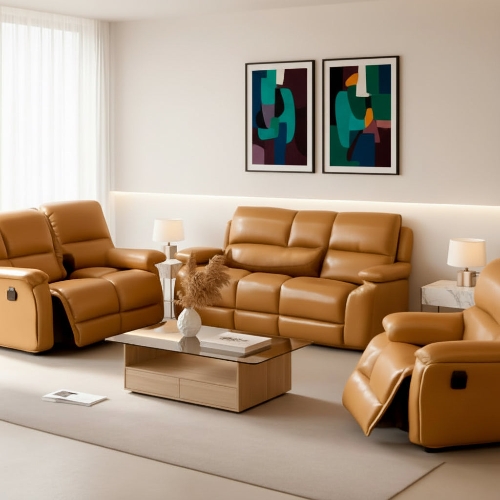 Hardy Haus Ginger Vegan Leather Reclining Sofa Set | 3-Piece Manual with Cupholders &amp; Storage