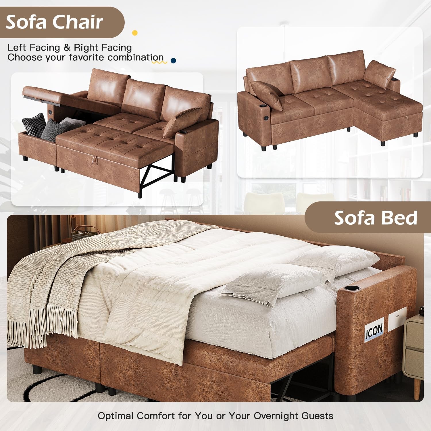 Brown Leather Sleeper Sofa Bed With Storage-2