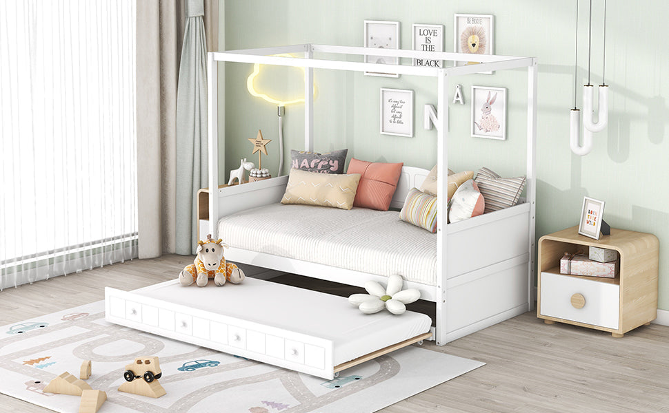 Twin Size Canopy Day Bed with Twin Size Trundle and Underbed Storage