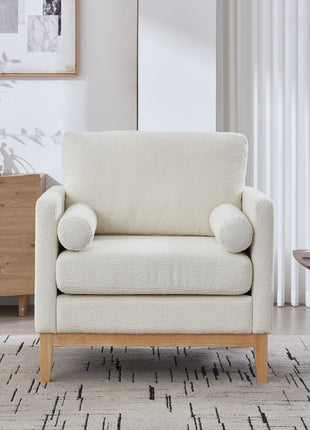 35.4' Wide Modern Farmhouse Performance Accent Chair with Natural Wood Legs, Wood Base Reading Armchair Single Sofa with Two Bolster Pillows for Living Room Offices and Lounge, Ivory Boucle.-3