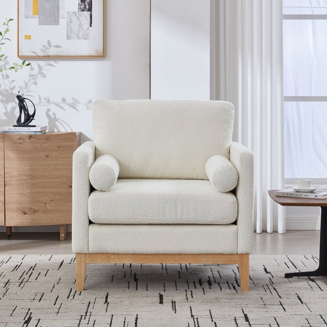 35.4' Wide Modern Farmhouse Performance Accent Chair with Natural Wood Legs, Wood Base Reading Armchair Single Sofa with Two Bolster Pillows for Living Room Offices and Lounge, Ivory Boucle.-3