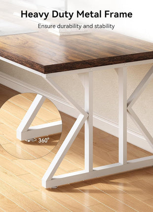 78.7 Inch Large Executive Desk, Modern Computer Office Desk, Wooden Writing Desk Study Table for Home Office, Rustic Brown-White-3