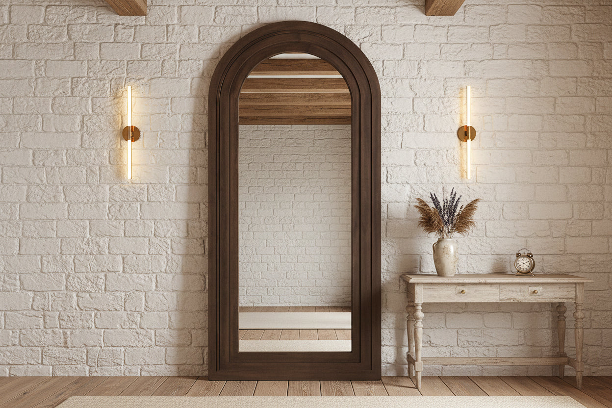Wooden arched mirror on a peach wall with a side table and lamp.