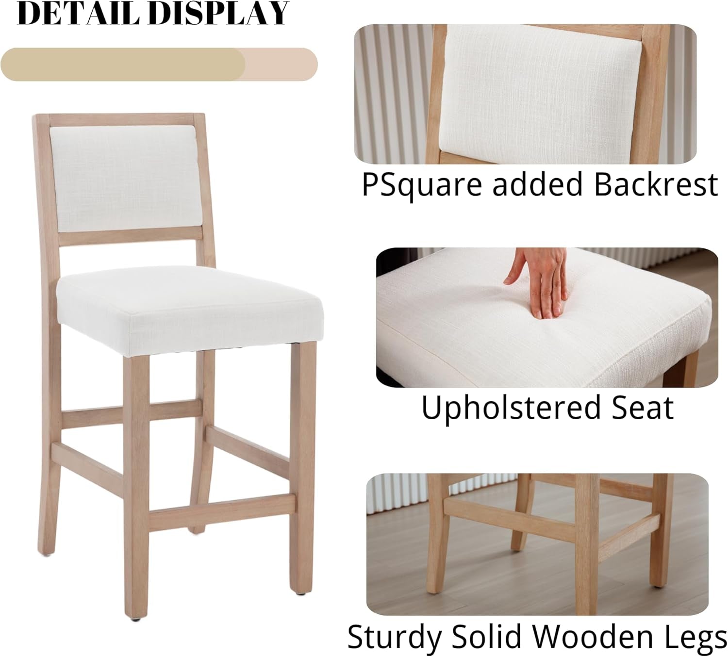 Chair with PSquare added backrest, upholstered seat, and sturdy wooden legs shown in detail.