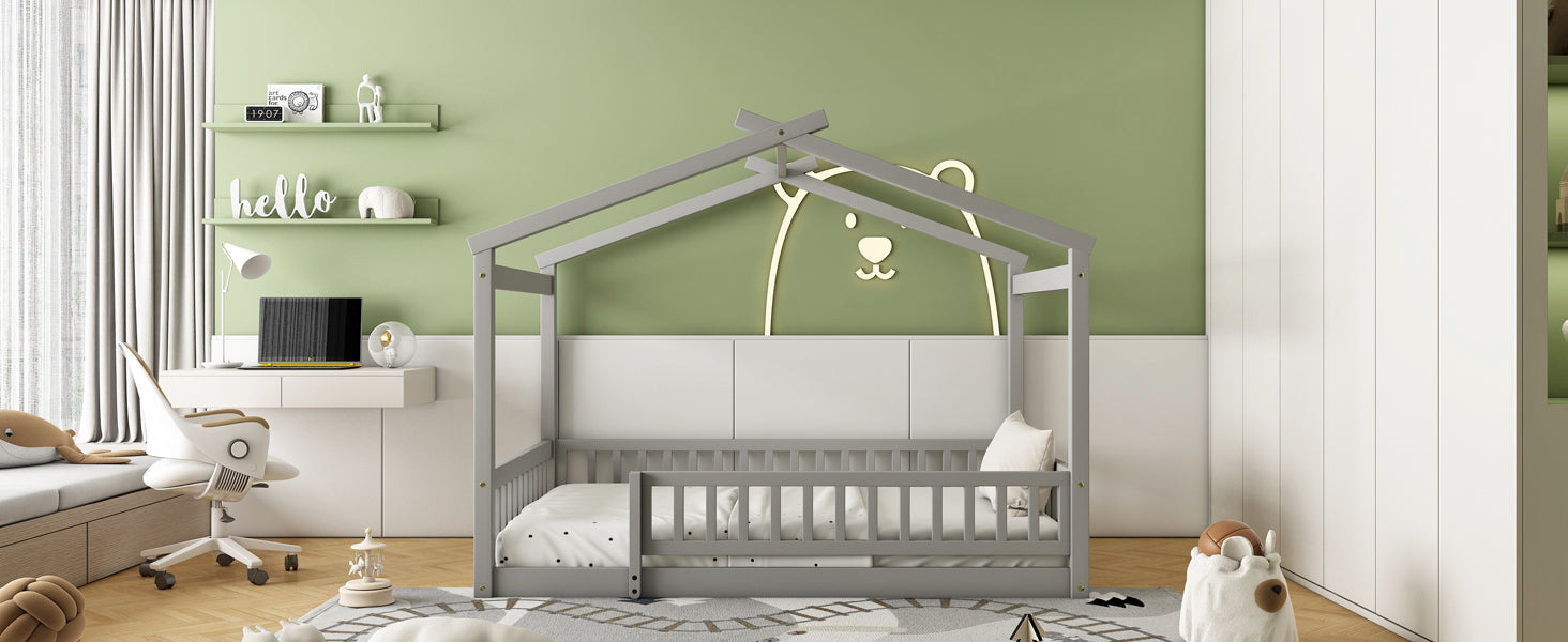 Wood Bed House Bed Frame with Fence, for Kids, Teens, Girls, Boys