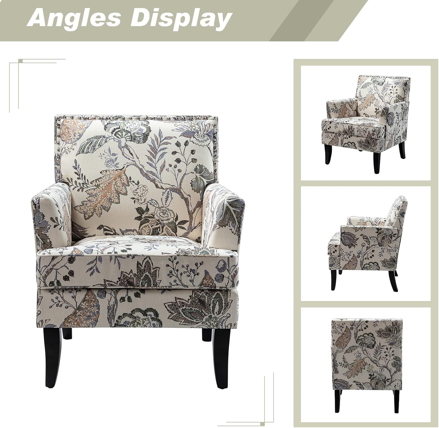 Floral-patterned armchair shown from multiple angles on a white background.