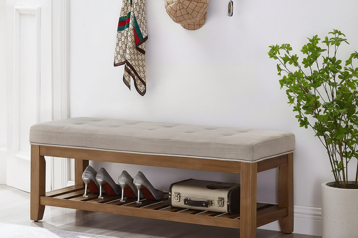 Wooden bench with cushioned seat and shoe storage compartments in a room setting.