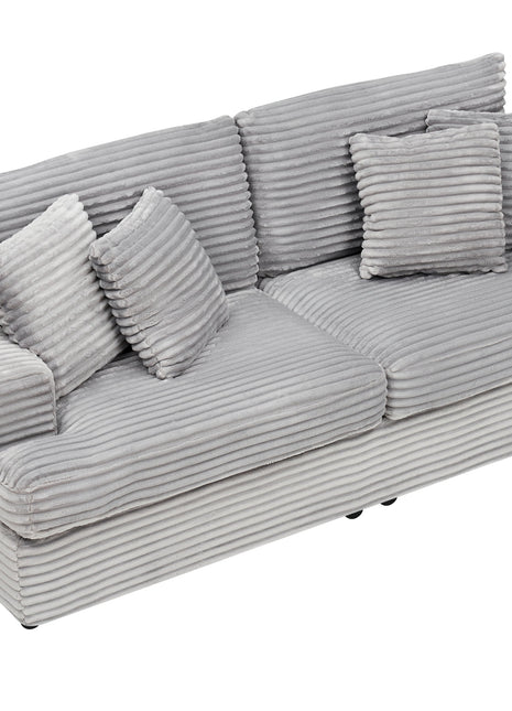 88.58' corduroy 3-seater sofa, spacious and comfortable. Paired with 4 throw pillows in the same color, it adds an elegant touch to a modern living room.Gray-1