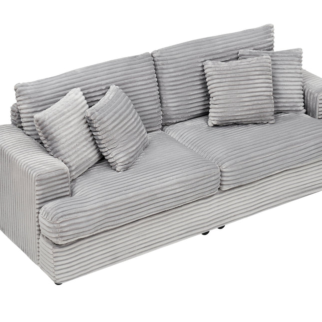 88.58' corduroy 3-seater sofa, spacious and comfortable. Paired with 4 throw pillows in the same color, it adds an elegant touch to a modern living room.Gray-1