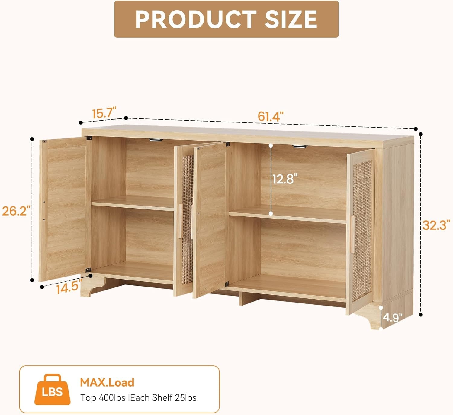 Wooden cabinet with dimensions labeled on a white background