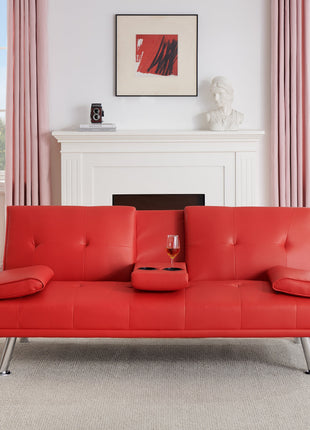 67-inch Red Leather Multifunctional Double Folding Sofa Bed with Coffee Table for Office Use-2