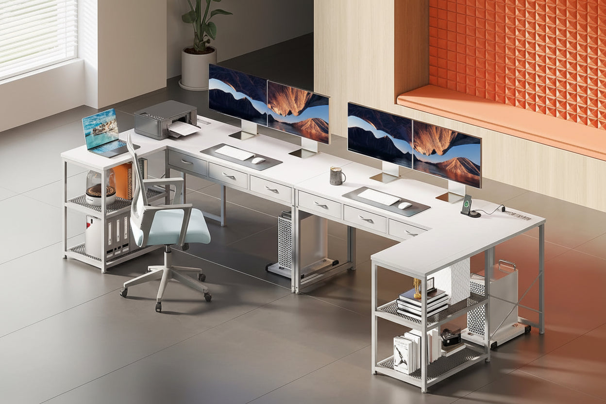 Modern office desk setup with multiple monitors and a chair, featuring the AODK brand.