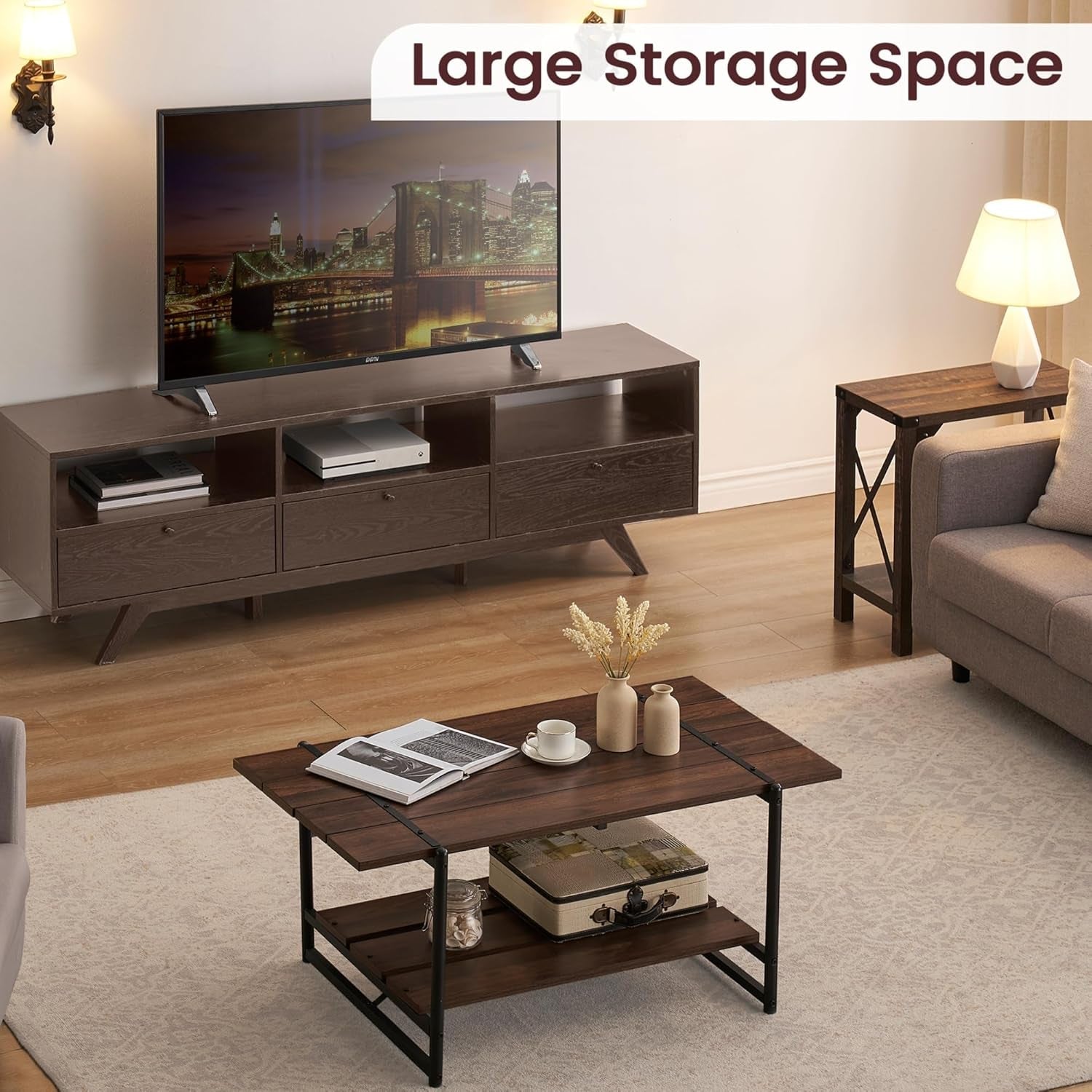 Living room with wooden TV stand, coffee table, and sofa, emphasizing storage space.