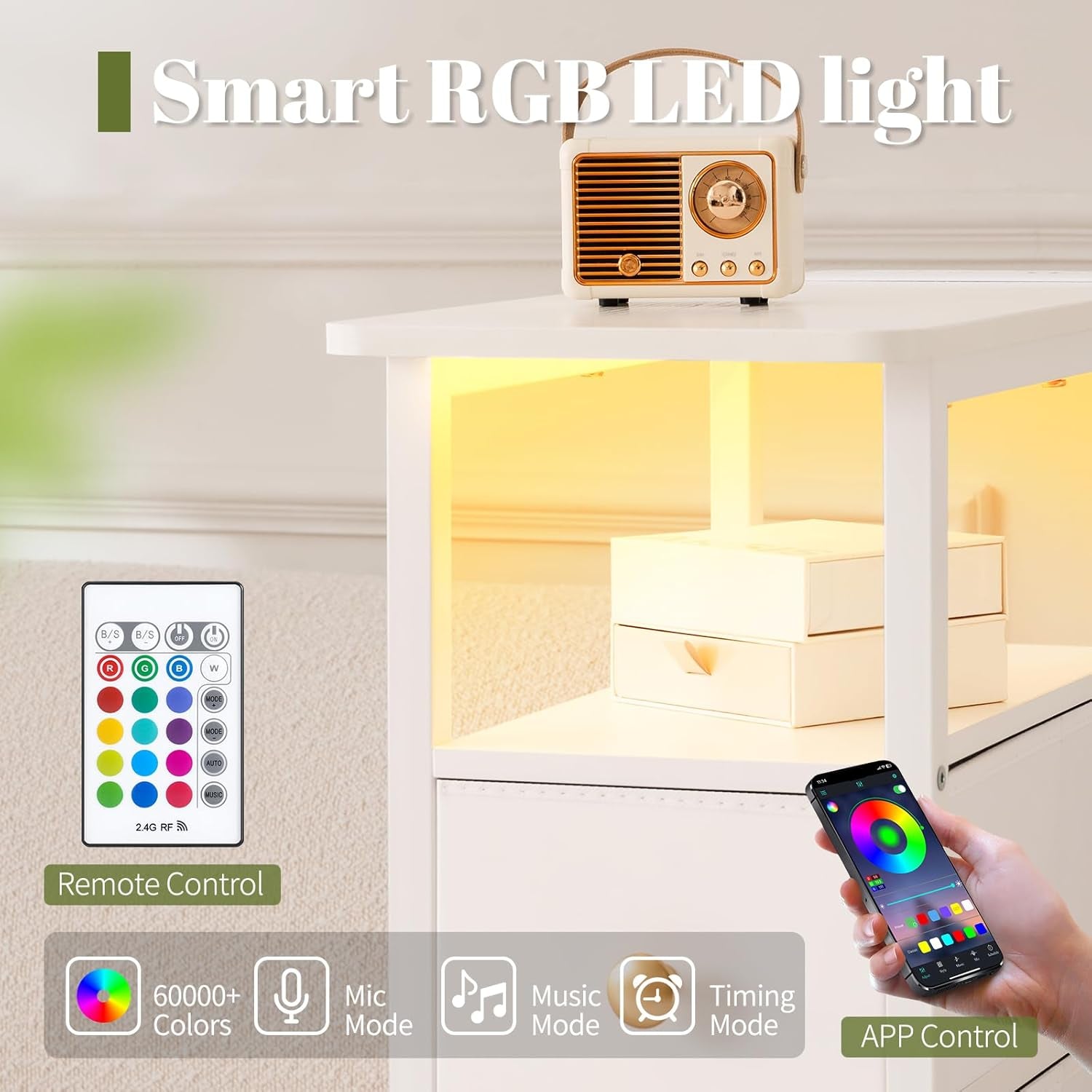 Smart RGB LED light with remote control and smartphone app on a white shelf.